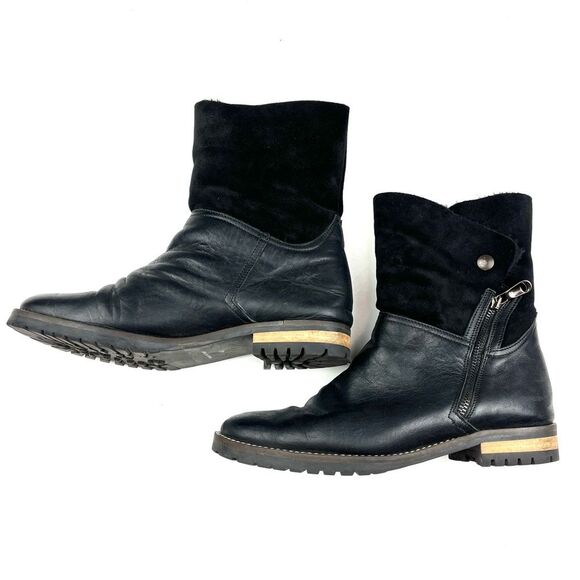 Fabianelli Black Leather Shearling Fold-Over Italian Made Moto Boots size 9.5 - Picture 3 of 8